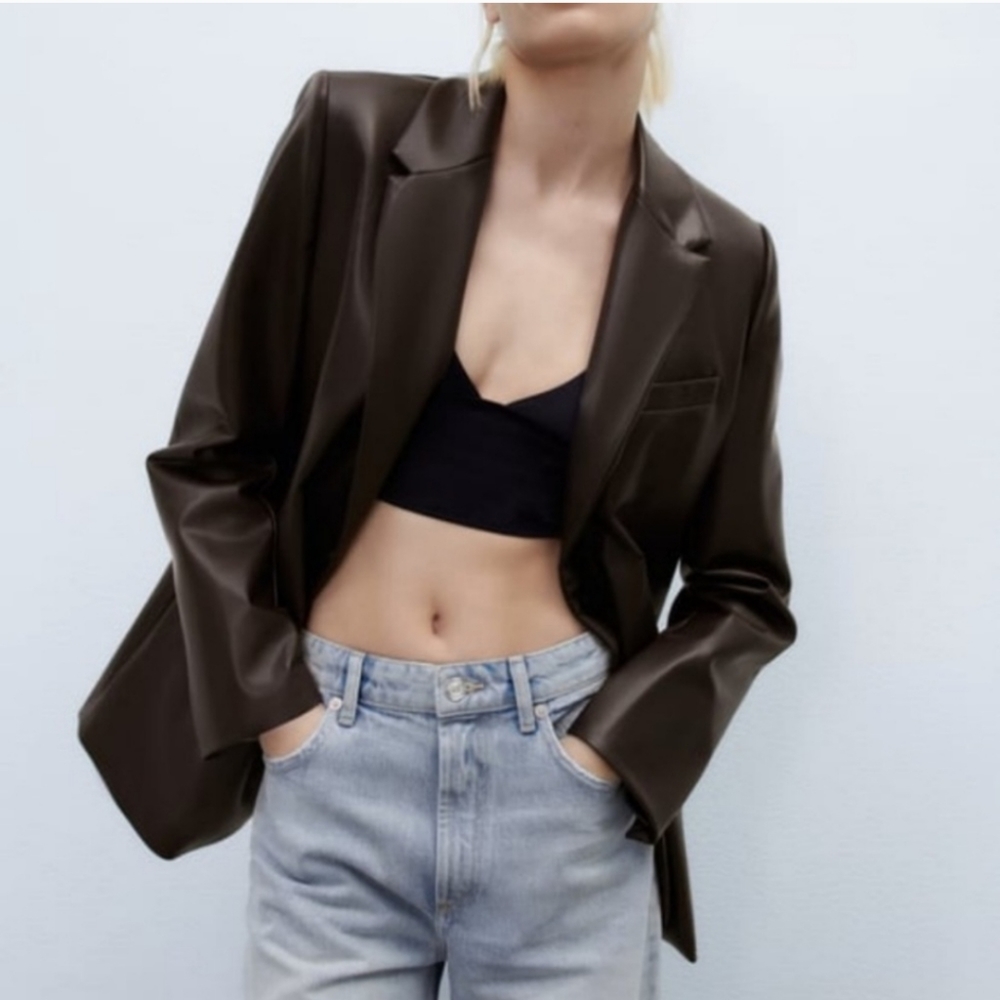 ZARA * Faux leather Oversized Straight blazer brown - Picture 13 of 15